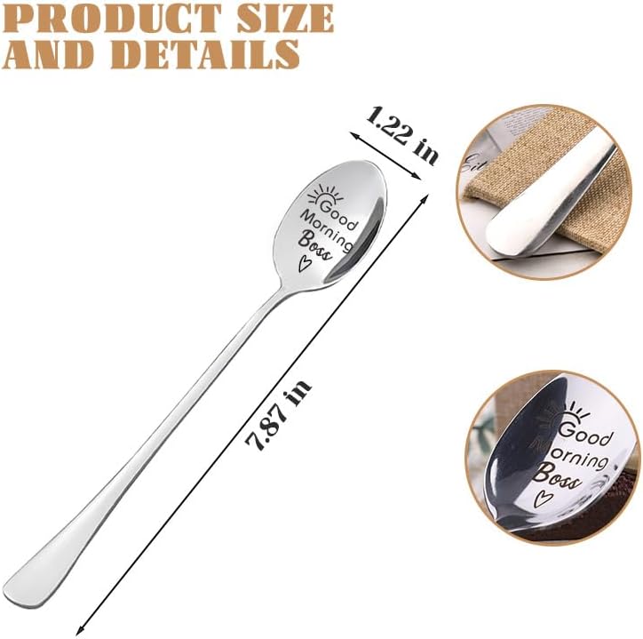 Borhmty Best Boss Gifts for Women Men Good Morning Boss Engraved Spoon Administrative Professional Day Gifts for Bosses Manager Birthday Gift for Women Men Administrator Supervisor Leader Spoons - Image 2